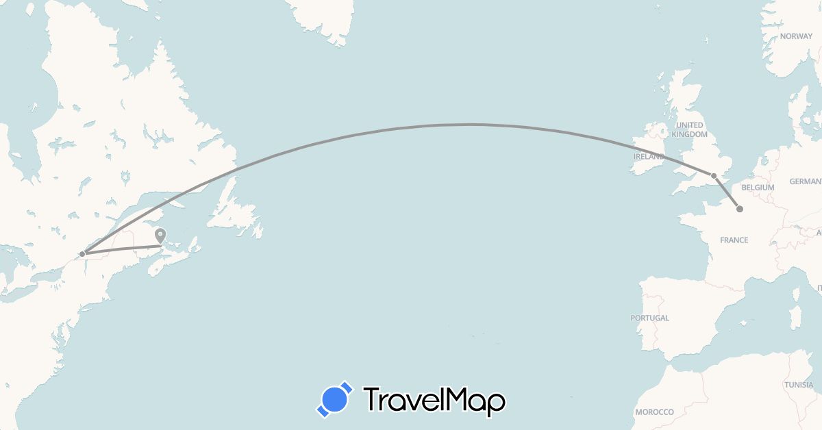 TravelMap itinerary: plane in Canada, France, United Kingdom (Europe, North America)